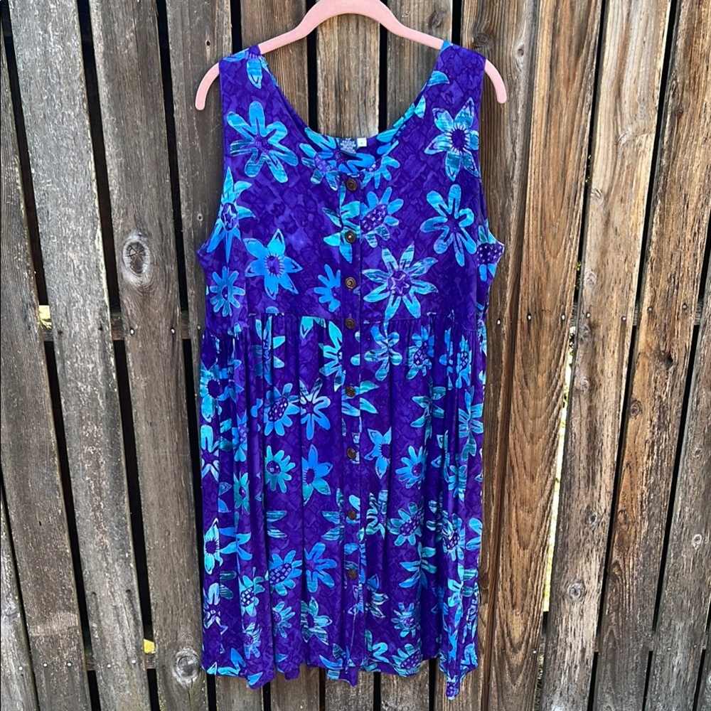 Hibiscus Collection Dress Large Batik Purple Blue Green Hawaii L Muumuu Button